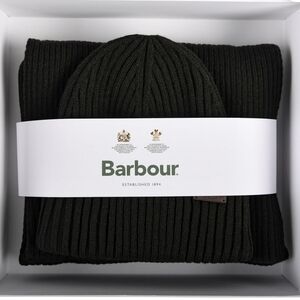 BARBOUR‎ KNITTED RIBBED BLACK SCARF & BEANIE HAT SET IN GIFT BOX